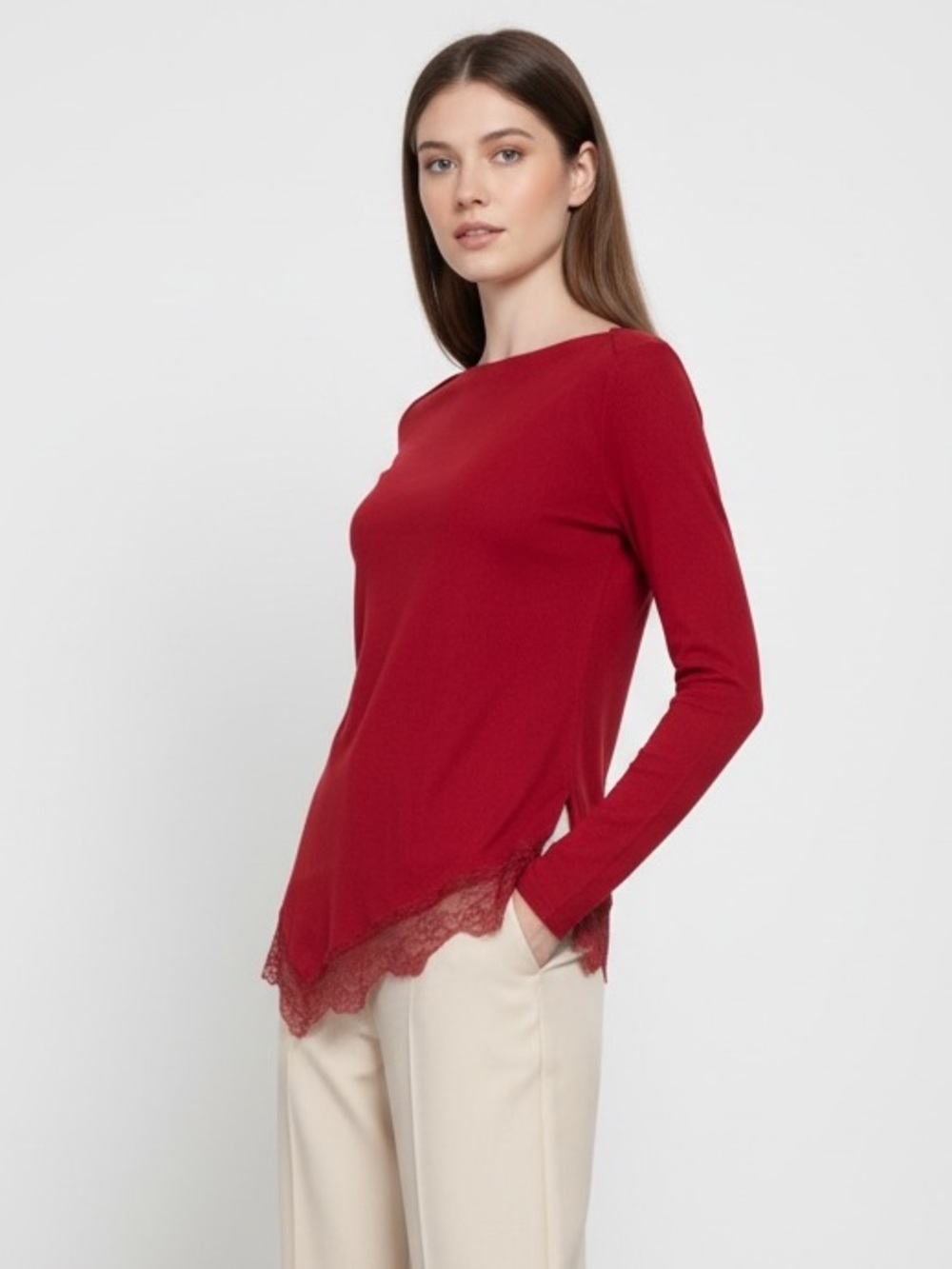 1656 • Crimson Brushed Rib Knit Long Sleeve Asymmetric Lace Trim Split Side Top
